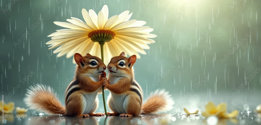 Fototapeta premium Two cute chipmunks share a large daisy flower as an umbrella during a gentle rain shower. The small rodents huddle close together seeking shelter from water drops, creating a heartwarming scene.