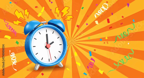 Ringing retro alarm clock in pop art comic style with a comic explosion background, a creative wake up concept