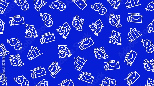 Seamless finance pattern of money icons on blue backdrop symbolizes financial harmony perfect for corporate presentations, financial reports, websites.