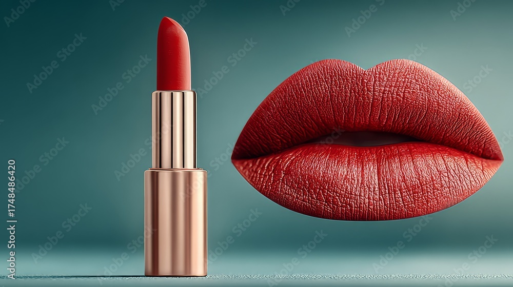 Obraz premium Red lipstick and matching sensuous lips, in red, rose gold, and teal, representing beauty, makeup, and confidence.