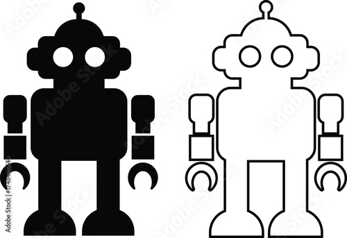 Retro robot black icon set in flat and line style vector Group and collection of vintage androids, droids, bots, cyborgs, mechanical machines and humanoid robots.