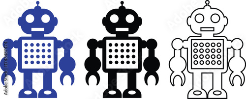 Retro robot blue and black icon set in flat and line style vector Group and collection of vintage androids, droids, bots, cyborgs, mechanical machines and humanoid robots.
