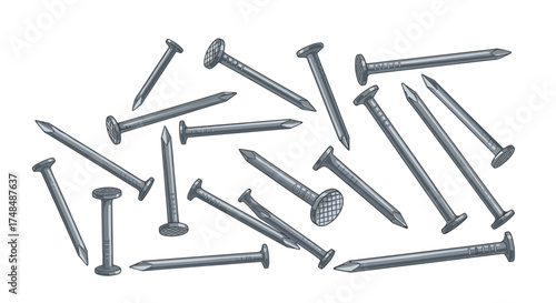 A scattered collection of metal fasteners used for construction and repair projects.