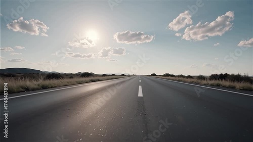 Route déserte sous un ciel bleu ensoleillé au coucher du soleil