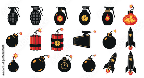 Pixel art explosion icons featuring grenades bombs and rockets.
