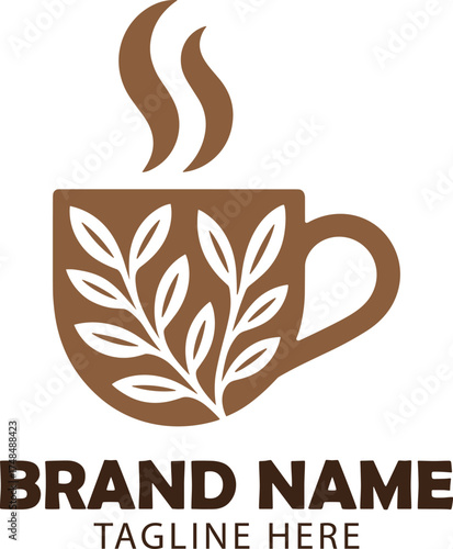 Brown coffee cup logo with steam and leaf design for a brand name and tagline