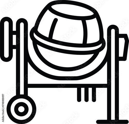 A simple line drawing of a cement mixer with a wheel and support structure