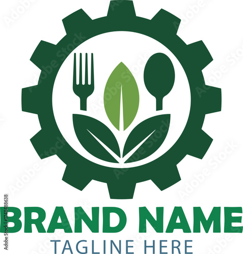 Green gear logo with fork spoon and leaves for a brand name and tagline here