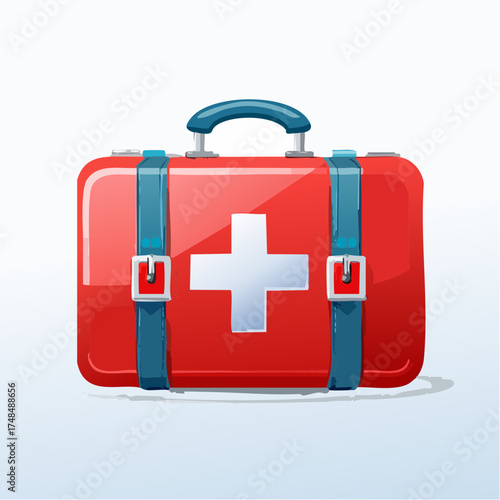 Bright red medical kit with white cross symbol isolated on a clean background
