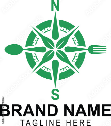 Green compass logo with spoon fork and leaves for brand name and tagline here