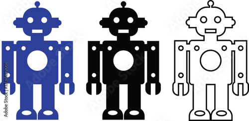 Retro robot blue and black icon set in flat and line style vector Group and collection of vintage androids, droids, bots, cyborgs, mechanical machines and humanoid robots.