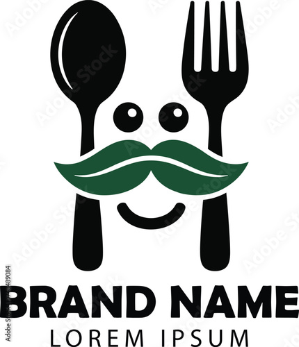 A logo of a spoon and fork with a mustache and eyes and brand name below them