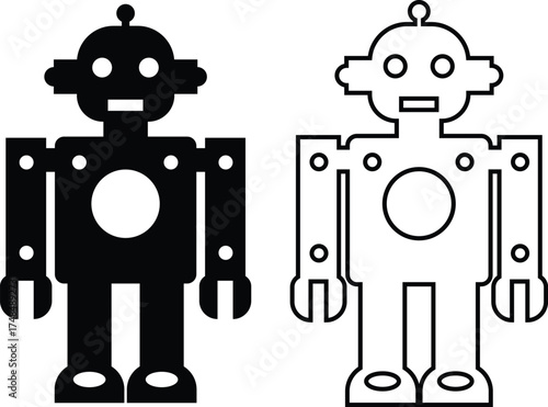 Retro robot black icon set in flat and line style vector Group and collection of vintage androids, droids, bots, cyborgs, mechanical machines and humanoid robots.