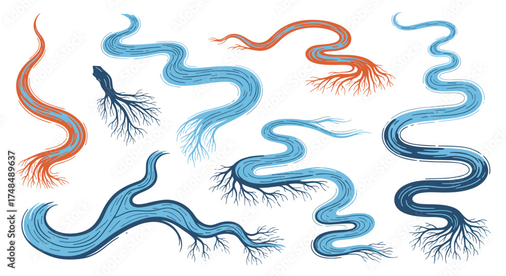 Fototapeta premium Abstract organic root structures flowing and winding in various colors and forms.