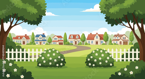 A sunny day in a suburban neighborhood with colorful houses and green lawns.