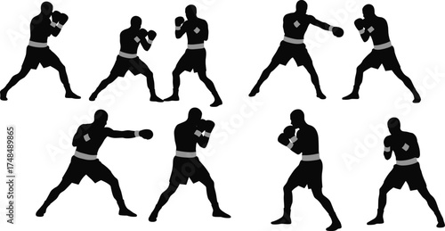 Boxer Silhouette Vector Collection Featuring Dynamic Fighting Poses, Guarding and Punching Stances for Sports, Fitness, Martial Arts, and Digital Design Projects