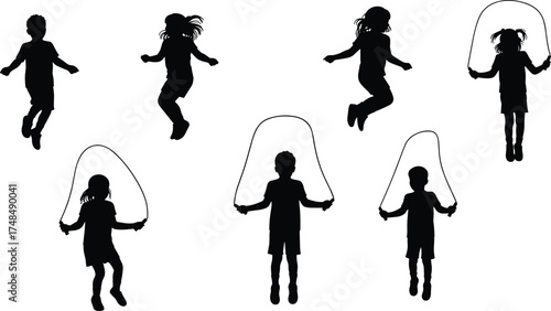 Jump rope silhouette, children activity, playful motion, energetic kids, fitness exercise, black figures, coordination, childhood fun, rope movement, outdoor play, white background