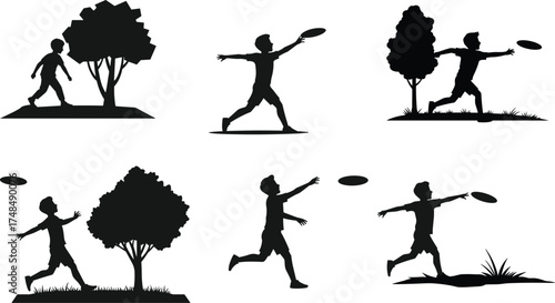 Outdoor frisbee activity, silhouette people playing disc game, catching and throwing in park, active lifestyle, sports movement, nature background, fitness and fun