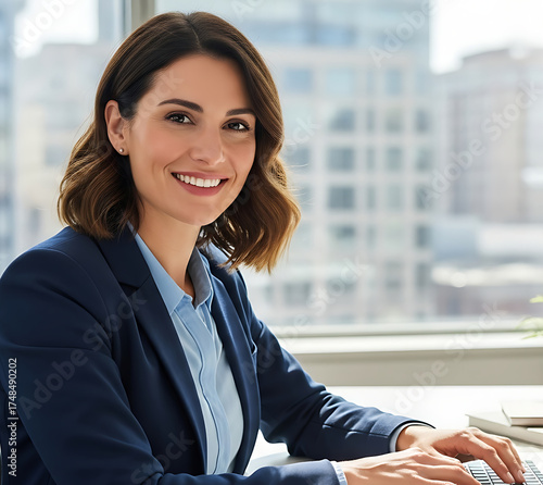 Confident Businesswoman Working on Computer in Modern Office Representing Professional Leadership and Corporate Success Concept
