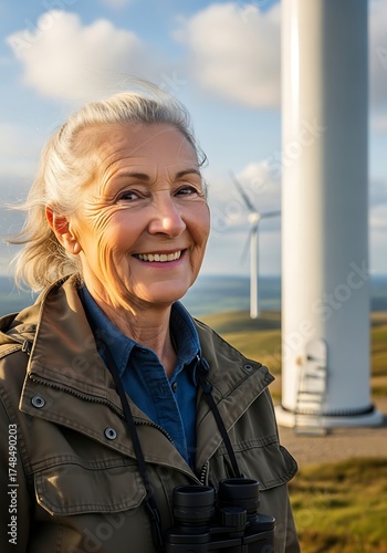 Smiling Senior Woman Standing near Wind Turbines Representing Renewable Energy Eco Lifestyle and Sustainable Future Concept
