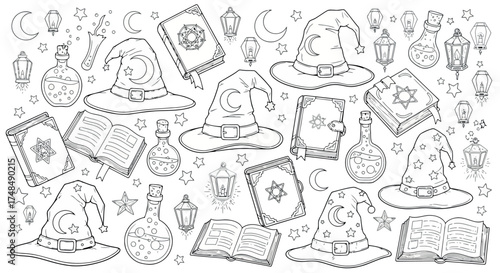 Vector art of collection of handdrawn wizard hats, spell books, and potions