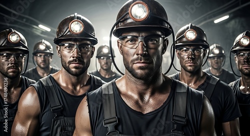 Group of Miners Wearing Helmets and Safety Gear in Underground Tunnel Representing Hard Work Teamwork and Mining Industry Concept
