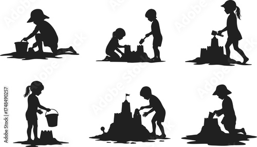 Children playing on beach, building sandcastles, summer fun, childhood activity, creative outdoor play, teamwork, vacation moment, seaside bonding, bucket and shovel joy