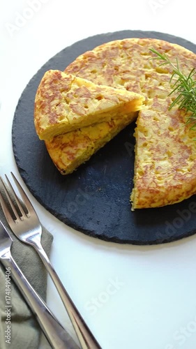 Spanish omelette (tortilla de patatas) placed on a black plate and a glass of red wine against a white background 
