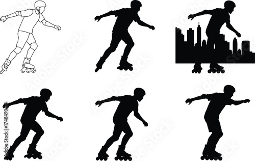 Rollerblading silhouette collection, urban skating action, protective gear, inline skates, city background, dynamic poses, sports activity, black and white illustration set