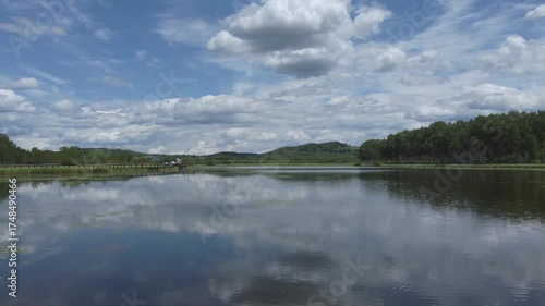 Calm lake reflect a beautiful blue sky, white clouds, surrounded by green forest