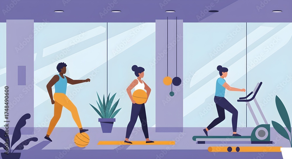 Fototapeta premium Vector Illustration of People Exercising in a Modern Fitness Studio, Indoor Wellness and Healthy Lifestyle Concept
