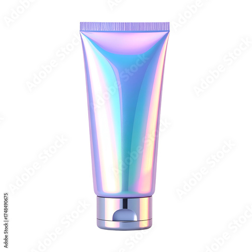 Cosmetic tube rendered in 3D with iridescent sheen on a black background