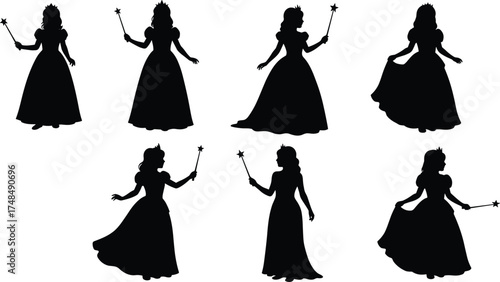 Magical princess silhouette collection, fairy tale girls with wands, fantasy royalty poses, puff sleeve gowns, enchanted costume design for children’s media, vector art
