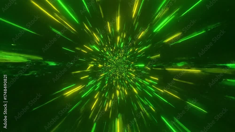 Seamlessly looping video of a dazzling abstract tunnel formed by constantly moving and expanding green and yellow geometric light lines expanding, constantlymovingexpanding, geometric