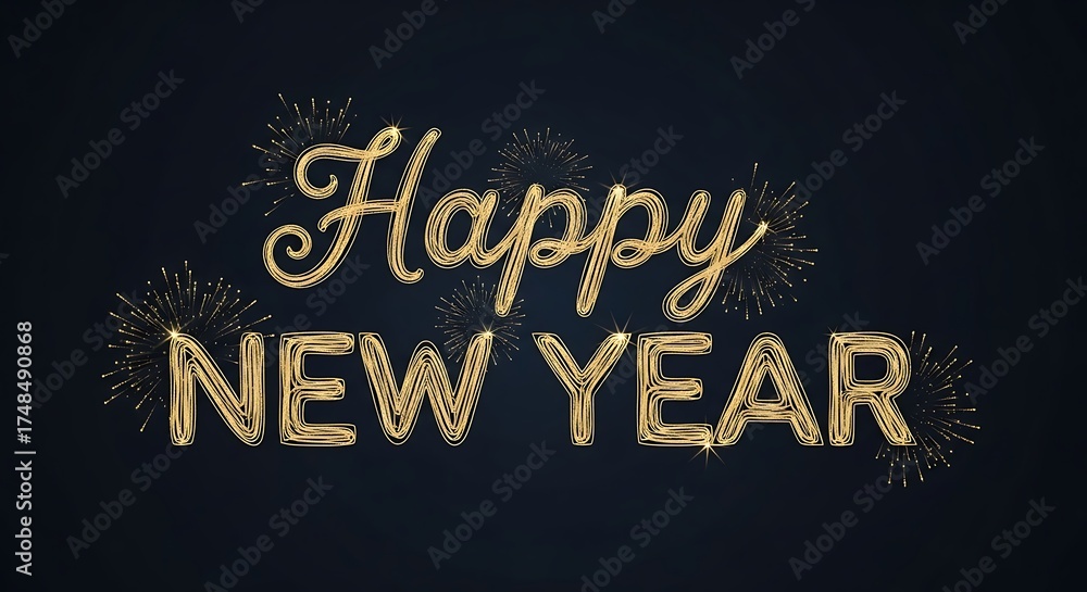 Fototapeta premium Golden Happy New Year Greeting with Sparkling Firework Accents on a Dark Festive Background Illustration.