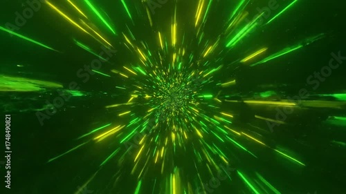 Seamlessly looping video of a dazzling abstract tunnel formed by constantly moving and expanding green and yellow geometric light lines expanding, constantlymovingexpanding, geometric