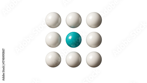 One teal sphere among white spheres isolated on transparent background stands out
