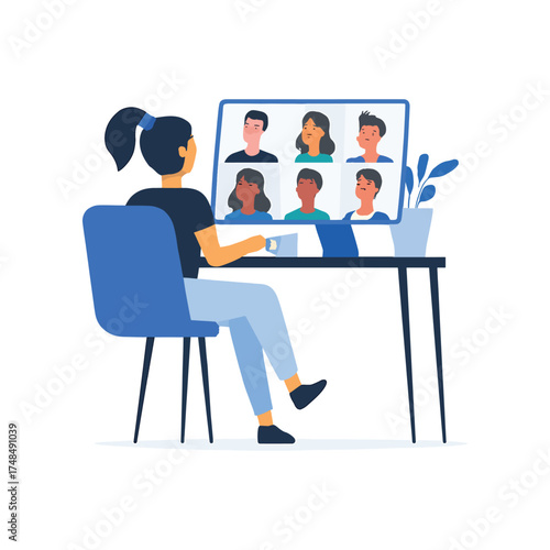 Woman Attending Online Video Conference Meeting Illustration