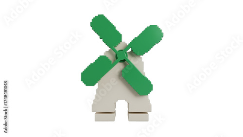 Pixelated windmill with green blades isolated on transparent background
