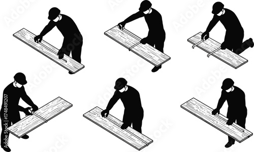 Woodworking process, measuring, marking, cutting, inspecting, DIY carpentry, hand tools, skilled worker, step-by-step guide, black and white illustration, construction workflow