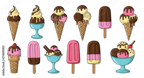 A delightful assortment of frozen sweet treats featuring various cones and popsicles.