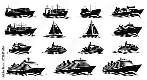 A collection of various watercraft on the waves.