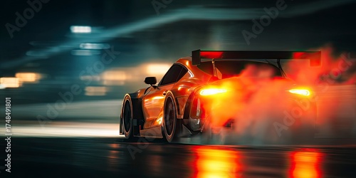 High Speed Race Car Driving in Nighttime Track with Bright Headlights and Smoke