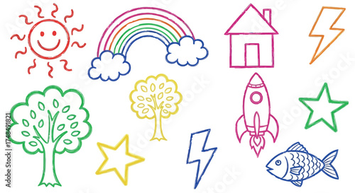 Vector art of collection of colorful crayon drawings of various objects