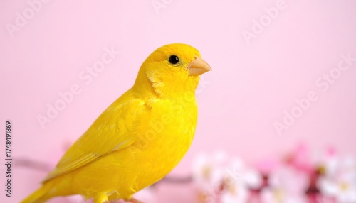 Yellow Canary Bird with Pink Background, Spring Blossoms, and Portrait.