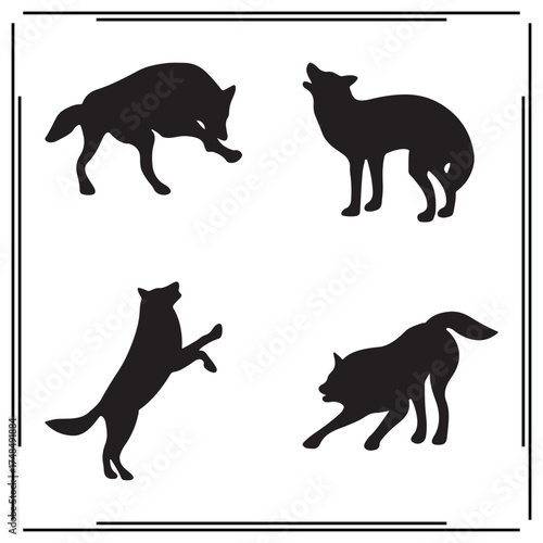 Silhouette of Wolves: Running, Walking, and Sitting - Set of Black Wolf Illustrations on White Background