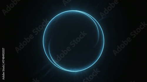 Abstract glowing blue energy sphere with swirling particles on a dark background, representing cosmic phenomena or digital data
