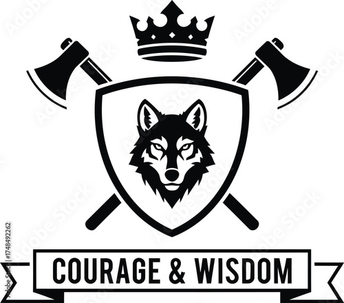 Wolf crest with axes and crown symbolizing courage and wisdom