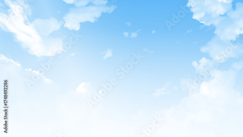 A high-resolution image showcasing a vibrant blue sky filled with scattered white cumulus clouds. The natural daylight highlights the soft textures of the clouds.