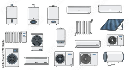 Collection of various heating and cooling systems and components for residential and commercial use.